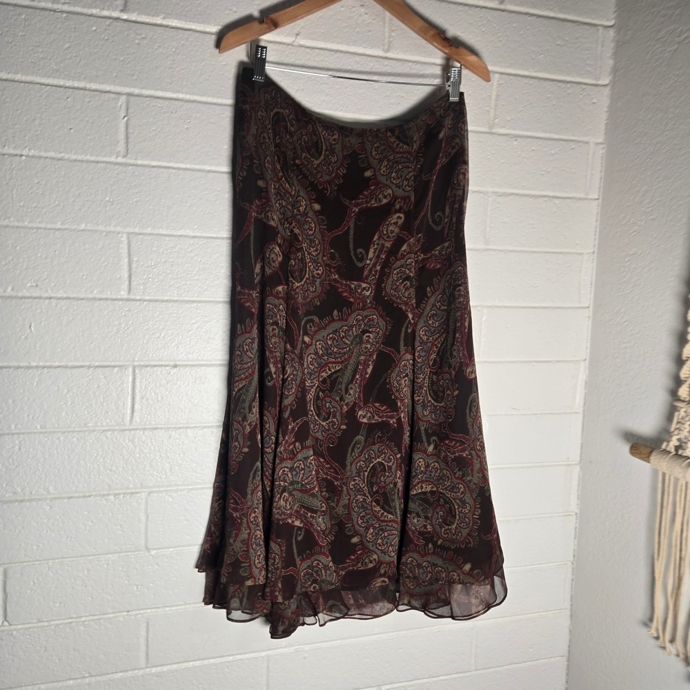 Vtg Lauren Ralph Lauren Paisley Silk Skirt 8 Brown Chiffon Midi Boho Romantic - Picture 8 of 8